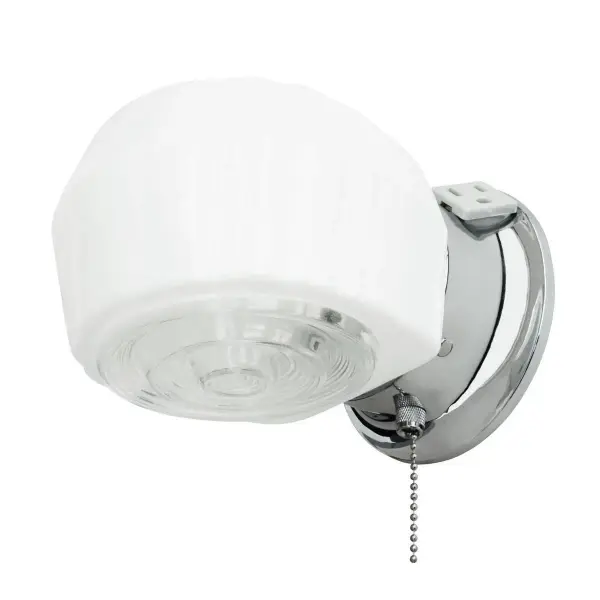 A functional single-light bathroom fixture featuring an integrated electrical outlet. The polished chrome finish provides a clean, modern look while the outlet adds convenience for grooming appliances.