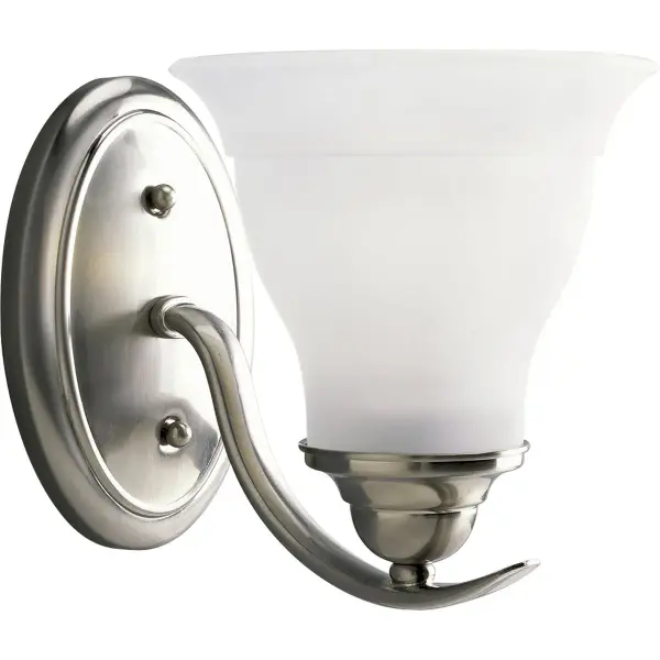 The Trinity vanity light combines traditional styling with practical functionality. Its brushed nickel finish and etched glass shade provide soft, diffused lighting ideal for bathroom tasks while maintaining an elegant aesthetic. - alternate view