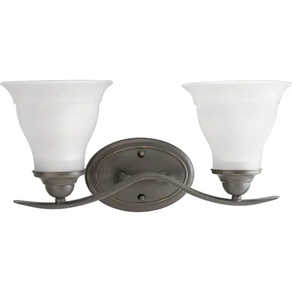The Trinity vanity light combines traditional styling with practical two-light illumination. Brushed nickel finish and etched glass shades create a refined look perfect for bathrooms and powder rooms. - alternate view