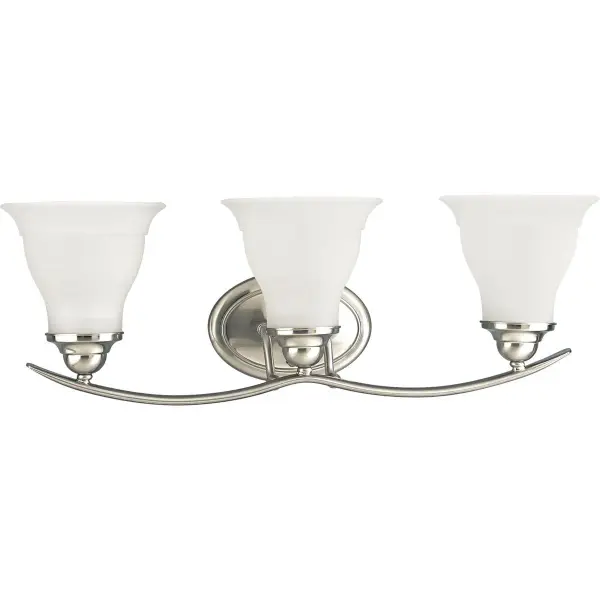 The Trinity vanity light combines traditional styling with practical three-light illumination. Brushed nickel finish and etched glass shades create a refined look perfect for bathroom vanities and powder rooms.