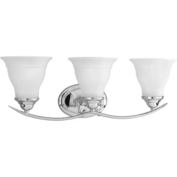 The Trinity vanity light combines traditional styling with practical three-light illumination. Brushed nickel finish and etched glass shades create a refined look perfect for bathroom vanities and powder rooms. - alternate view