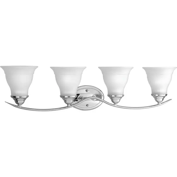 The Trinity vanity light combines traditional styling with practical four-light illumination. Brushed nickel finish and etched glass shades create a refined look perfect for bathroom vanities requiring ample, even lighting.