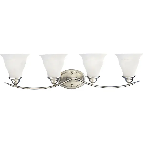 The Trinity vanity light combines traditional styling with practical four-light illumination. Brushed nickel finish and etched glass shades create a refined look perfect for bathroom vanities requiring ample, even lighting. - alternate view