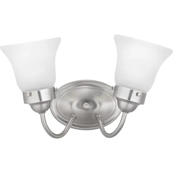 This two-light vanity fixture combines traditional fluted glass shades with polished chrome for a clean, versatile look. The etched glass provides soft, diffused lighting ideal for bathroom tasks while adding elegant detail. - alternate view