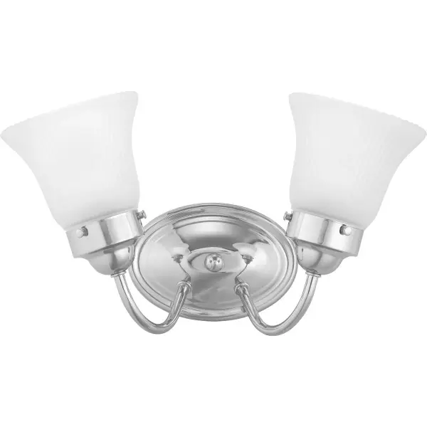 This two-light vanity fixture combines traditional fluted glass shades with polished chrome for a clean, versatile look. The etched glass provides soft, diffused lighting ideal for bathroom tasks while adding elegant detail.