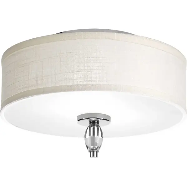 Enjoy high status with a collection full of fun, femininity, glimmer and glean. Status can excite the room as K9 glass accents offer a crystal-like clarity. Off-White fabric shade is matched perfectly with the polished chrome finish completing the fixture with a sophisticated look. Two-light flush mount. Collection: Status Rooms: Hall & Foyer,Bathroom Finish: Polished Chrome Glass: Off-White textured Width: 13.00" Height: 8.00" Length: 13.00" Weight: 5.26 lb Wire: 6" Canopy: 7.75"x0.8125"x7.75" Number of Bulbs: 2 Maximum Wattage: 60.00 W Bulb Type: A19 Bulb Base: E26 Light Source: Incandescent Voltage: 120.00 V Material: Steel Country of Origin: CN Safety Listing: cCSAus Safety Rating: Damp Title 20 Manufacturer Warranty: 1-year Limited Warranty Spec Sheet Instructions Parts Diagram