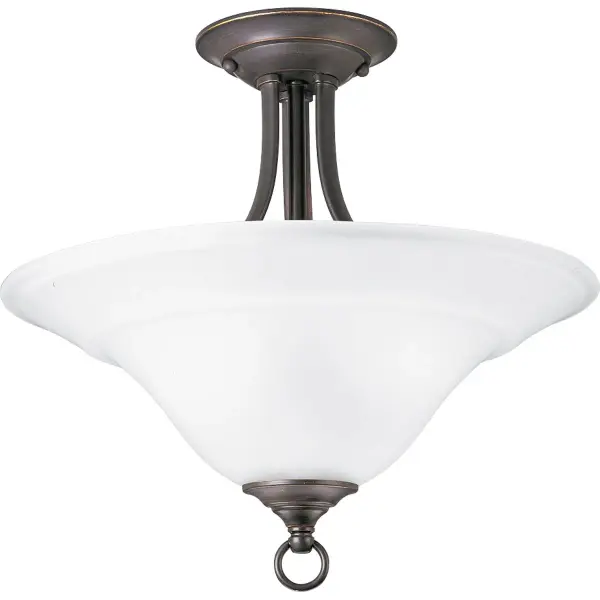 The Trinity Collection offers timeless traditional styling in a compact 16-inch semi-flush mount. Its brushed nickel finish and two-light configuration provide elegant illumination for bedrooms, hallways, and foyers with standard ceiling heights.