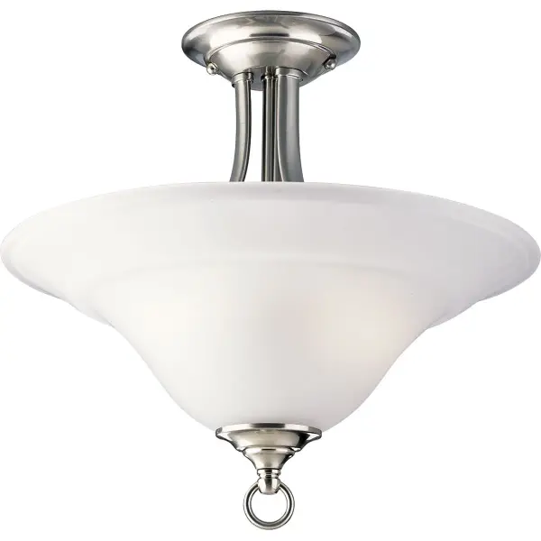 The Trinity Collection offers timeless traditional styling in a compact 16-inch semi-flush mount. Its brushed nickel finish and two-light configuration provide elegant illumination for bedrooms, hallways, and foyers with standard ceiling heights. - alternate view