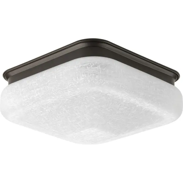 This 11.5" square flush mount combines energy-efficient LED technology with a clean modern aesthetic. The antique bronze finish and glass shade provide versatile styling for low-ceiling spaces.