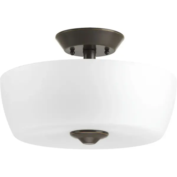 The Leap Collection offers a sleek, modern two-light semi-flush mount perfect for bedrooms, hallways, and foyers with standard ceiling heights. Its brushed nickel finish and 14-inch profile deliver contemporary style without overwhelming smaller spaces. - alternate view