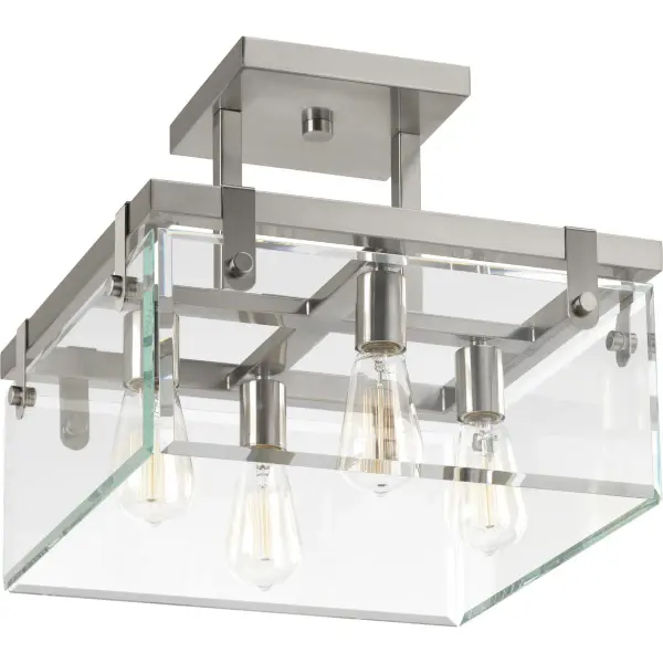The Glayse Collection offers a sophisticated 16-3/4" semi-flush fixture with convertible mounting options. Its brushed nickel finish and contemporary design make it ideal for modern homes seeking elegant ceiling lighting.