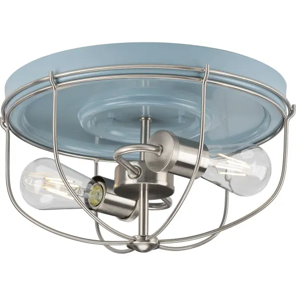 The Medal Collection flush mount blends industrial style with coastal and farmhouse elements, making it ideal for low-ceiling spaces. Its graphite finish and two-light design provide functional illumination with understated style.