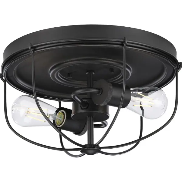 The Medal Collection flush mount blends industrial style with coastal and farmhouse elements, making it ideal for low-ceiling spaces. Its graphite finish and two-light design provide functional illumination with understated style. - alternate view