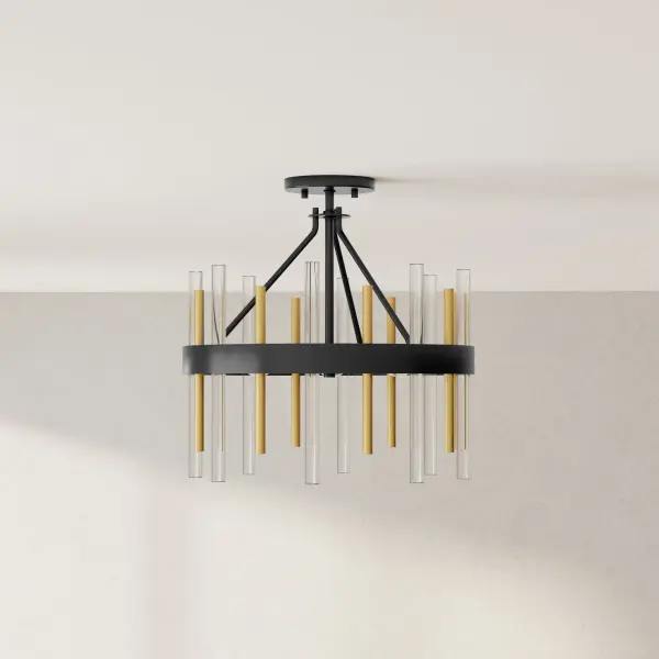 The Orrizo combines mid-century modern aesthetics with industrial styling in a convertible semi-flush design. Its 16-inch profile and three-light configuration deliver ample illumination while the black finish adds contemporary sophistication.