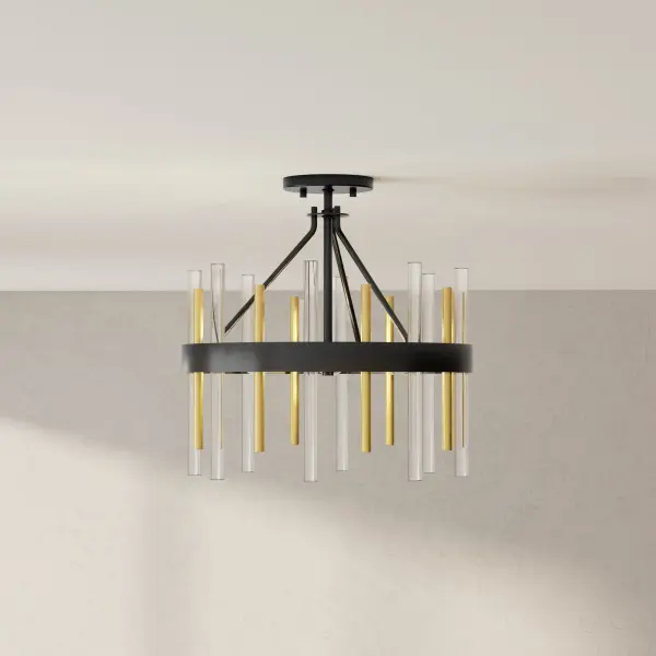 The Orrizo combines mid-century modern aesthetics with industrial styling in a convertible semi-flush design. Its 16-inch profile and three-light configuration deliver ample illumination while the black finish adds contemporary sophistication. - alternate view