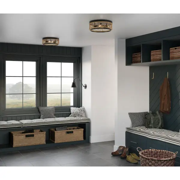 The Chandra flush mount blends transitional elegance with coastal charm through its handcrafted woven shade and matte black finish. Perfect for low-ceiling spaces needing ambient lighting with organic texture. - alternate view