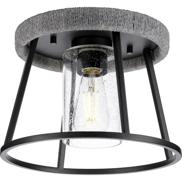 The Laramie combines rustic charm with industrial edge in a compact 12" flush mount. Clear seeded glass adds vintage texture while matte black finish provides modern contrast. Ideal for low ceilings and tight spaces.