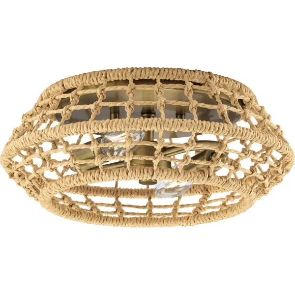 The Laila flush mount brings organic warmth to any space with its distinctive woven jute accents and vintage brass finish. At 12.25 inches, it's perfectly sized for smaller rooms and low ceilings while delivering ample two-light illumination.