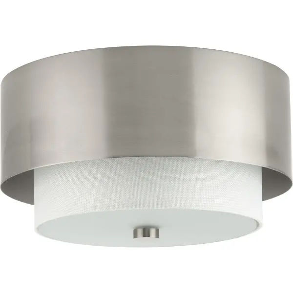 The Silva Collection flush mount combines contemporary styling with industrial influences, featuring a white linen drum shade and brushed nickel finish. Perfect for rooms with lower ceilings, this two-light fixture provides soft, diffused illumination while maintaining a clean, modern aesthetic.