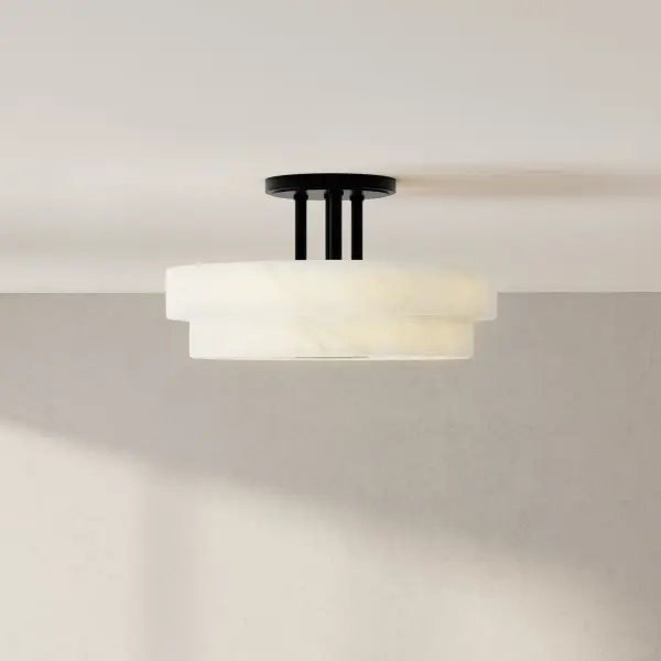 The Tosca semi-flush mount delivers contemporary style with a brushed bronze finish, perfect for rooms with standard ceiling heights. Three lights provide ample illumination while maintaining a sleek, close-to-ceiling profile. - alternate view