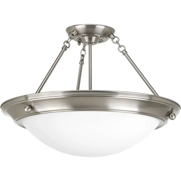 The Eclipse three-light fixture delivers contemporary style with a low-profile design ideal for rooms with standard ceiling heights. Brushed nickel finish and clean lines complement modern interiors.