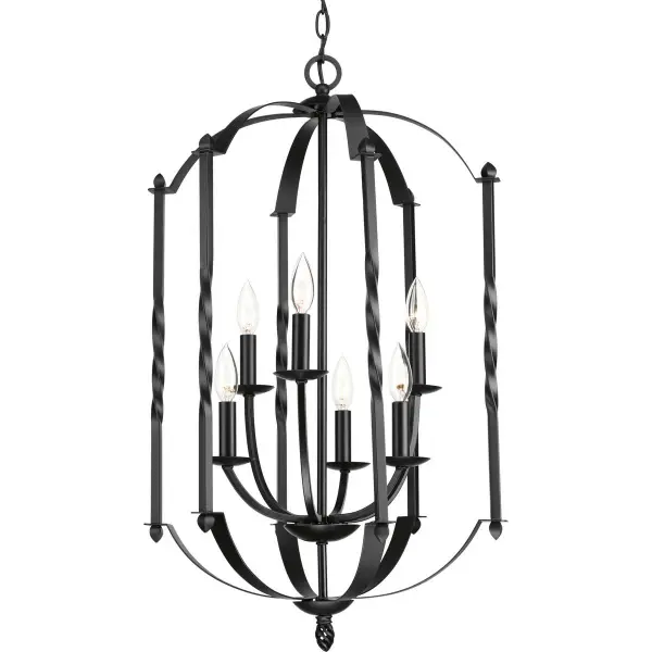 The Greyson six-light chandelier combines farmhouse charm with industrial edge in a dramatic two-tier design. Its matte black finish and generous scale make it perfect for creating a bold first impression in foyers and dining spaces.