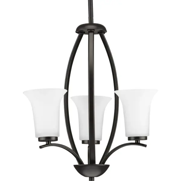 The Joy Collection three-light chandelier combines traditional elegance with transitional styling in a brushed nickel finish. Ideal for foyers and hallways, this fixture provides balanced illumination while serving as a welcoming focal point. - alternate view