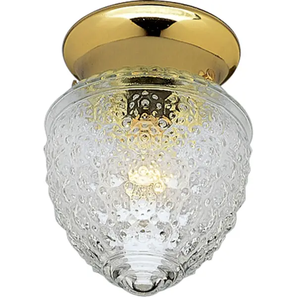 One-light close-to-ceiling. Clear acorn patterned glass. KO for switch. Keyhole slots for easy fixture mounting. Glass held in place with three thumb screws. Collection: Glass Globes Rooms: Bathroom,Outdoor Finish: Polished Brass Glass: Clear Patterned Width: 5.50" Height: 7.00" Length: 5.50" Weight: 1.70 lb Wire: 6" Canopy: 4.72"x1.6339"x4.72" Number of Bulbs: 1 Maximum Wattage: 60.00 W Bulb Base: E26 Light Source: Incandescent Voltage: 120.00 V Material: Steel Country of Origin: CN Safety Listing: UL-CUL Safety Rating: Damp Title 20 Manufacturer Warranty: 1-year Limited Warranty Spec Sheet Instructions Parts Diagram