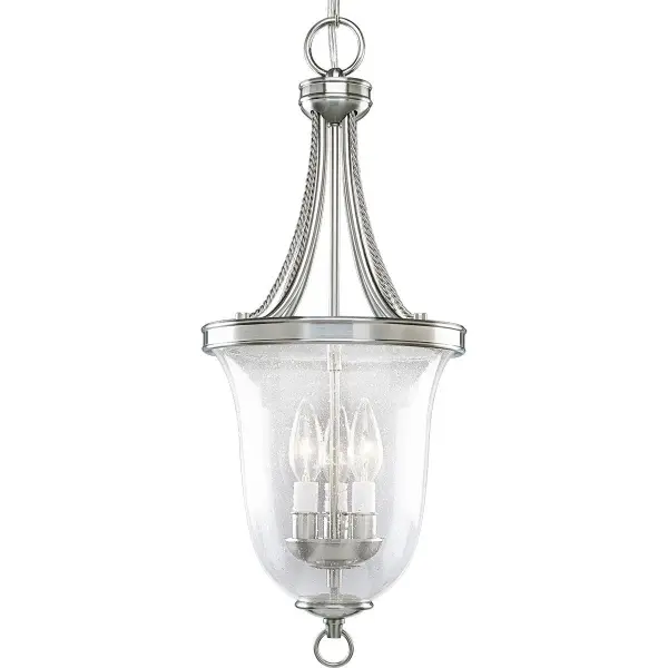 This three-light foyer pendant combines traditional seeded glass with brushed nickel finish for versatile appeal. The textured glass creates beautiful light diffusion while the neutral finish complements various decor styles.