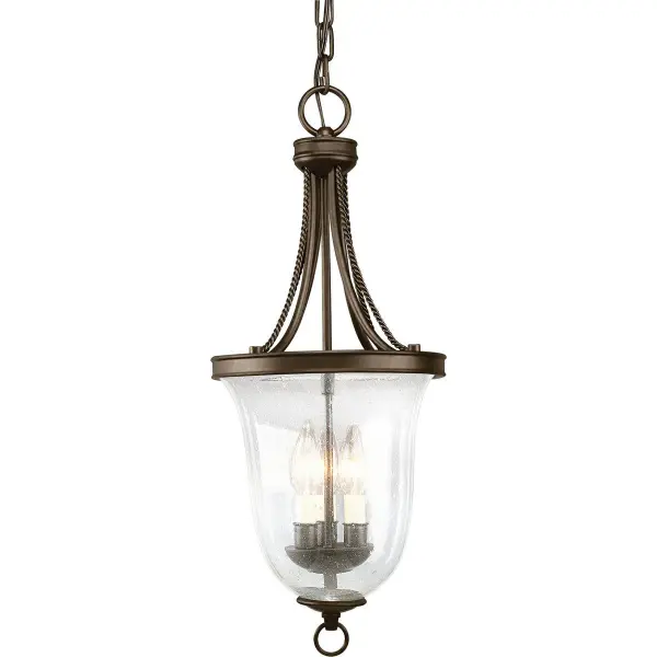 This three-light foyer pendant combines traditional seeded glass with brushed nickel finish for versatile appeal. The textured glass creates beautiful light diffusion while the neutral finish complements various decor styles. - alternate view