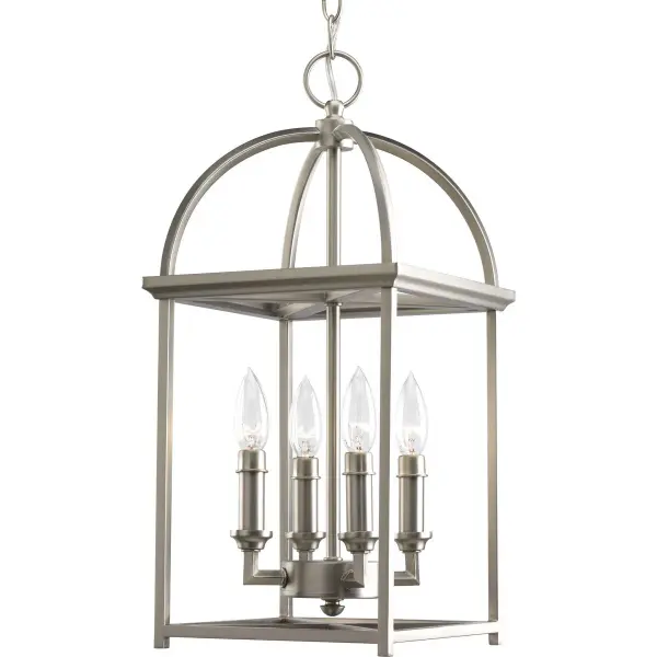 The Piedmont foyer lantern combines farmhouse charm with transitional sophistication. Its four-light design and burnished silver finish create a welcoming focal point for entryways and dining spaces.