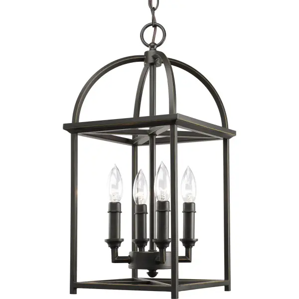 The Piedmont foyer lantern combines farmhouse charm with transitional sophistication. Its four-light design and burnished silver finish create a welcoming focal point for entryways and dining spaces. - alternate view