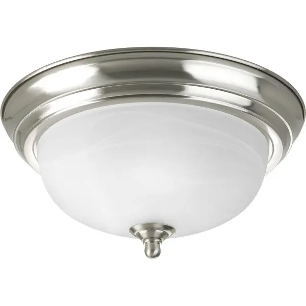 This compact 11-3/8" close-to-ceiling fixture offers timeless traditional styling with a brushed nickel finish and dome glass shade. JA8 compliant and budget-friendly, it's ideal for smaller spaces needing reliable ambient lighting. - alternate view