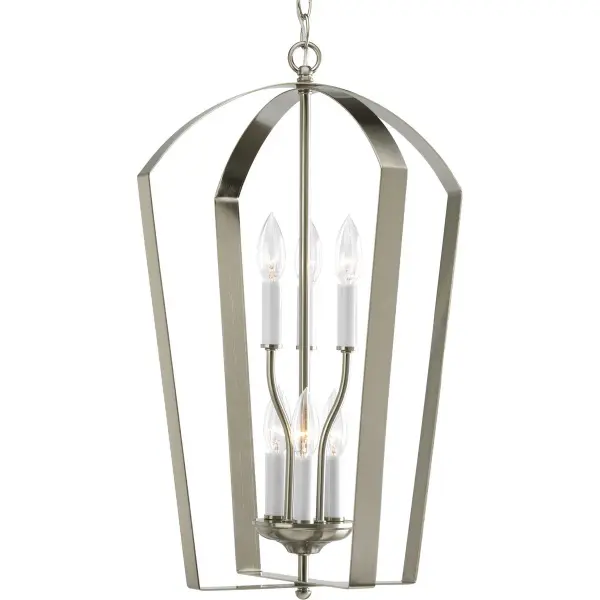 The Gather Collection pendant brings sophisticated traditional styling to grand entryways with six lights providing ample illumination. Brushed nickel finish offers versatile appeal while JA8 compliance ensures energy efficiency.