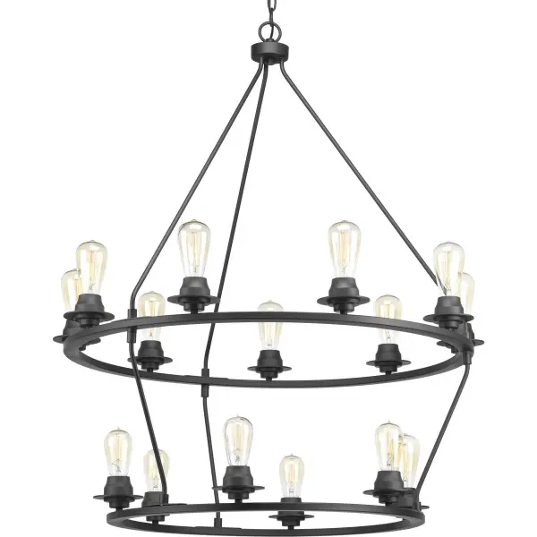 The Debut Collection fifteen-light chandelier makes a dramatic statement with its farmhouse-inspired design and brushed nickel finish. Perfect for large dining rooms, foyers, and great rooms requiring substantial illumination and visual impact.