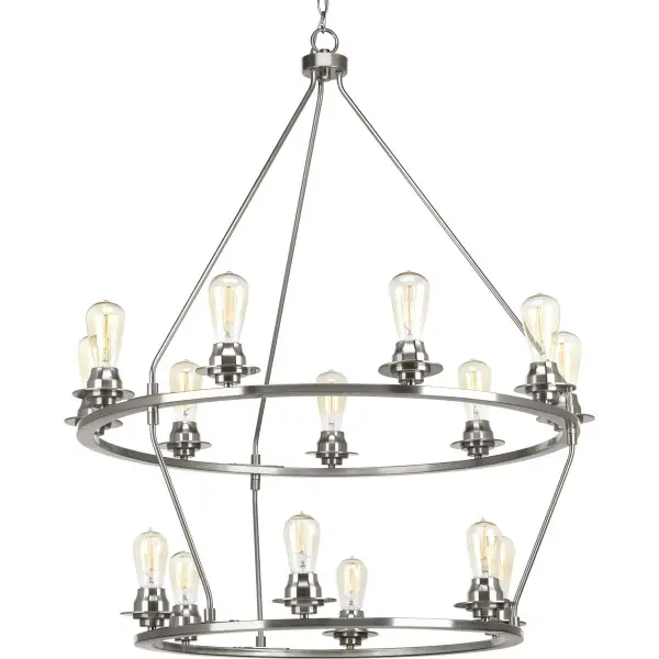 The Debut Collection fifteen-light chandelier makes a dramatic statement with its farmhouse-inspired design and brushed nickel finish. Perfect for large dining rooms, foyers, and great rooms requiring substantial illumination and visual impact. - alternate view