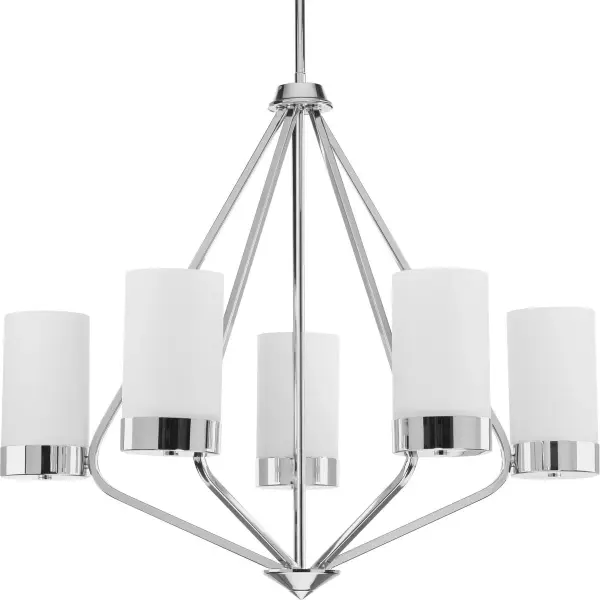 The Elevate chandelier brings authentic mid-century modern style with five etched white glass shades and polished chrome finish. Perfect for dining rooms and kitchens seeking clean lines and diffused ambient lighting.
