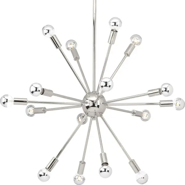The Ion Collection chandelier makes a bold architectural statement with sixteen lights arranged in a sculptural design. Its polished nickel finish adds sophisticated shine while the multi-light configuration provides excellent illumination for large spaces.
