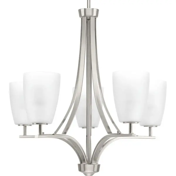 The Leap Collection chandelier combines contemporary design with timeless appeal through five etched opal glass shades and brushed nickel finish. JA8-compliant for California energy standards, this versatile fixture provides even, glare-free illumination perfect for dining and living spaces.