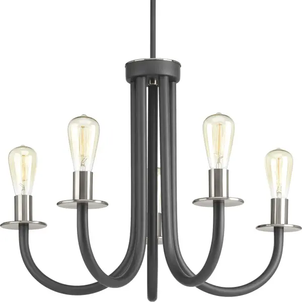 The Remix Collection chandelier brings contemporary style with its five-light design and sophisticated graphite finish. Perfect for dining rooms and kitchens, this fixture combines modern aesthetics with versatile placement options.