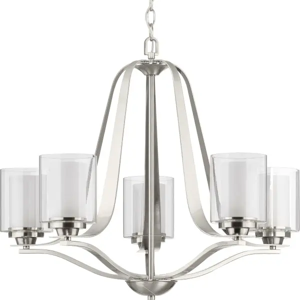 The Kene chandelier blends Mission/Craftsman design with transitional appeal, featuring five lights and clear glass shades in brushed nickel. Perfect for dining rooms and kitchen islands seeking timeless style.