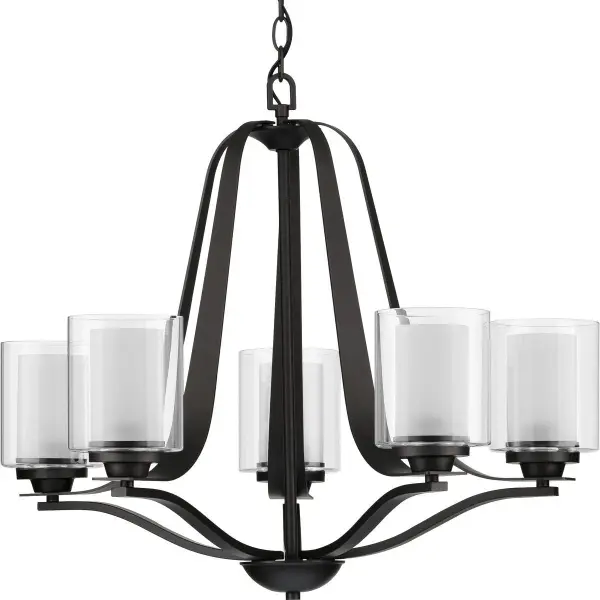 The Kene chandelier blends Mission/Craftsman design with transitional appeal, featuring five lights and clear glass shades in brushed nickel. Perfect for dining rooms and kitchen islands seeking timeless style. - alternate view