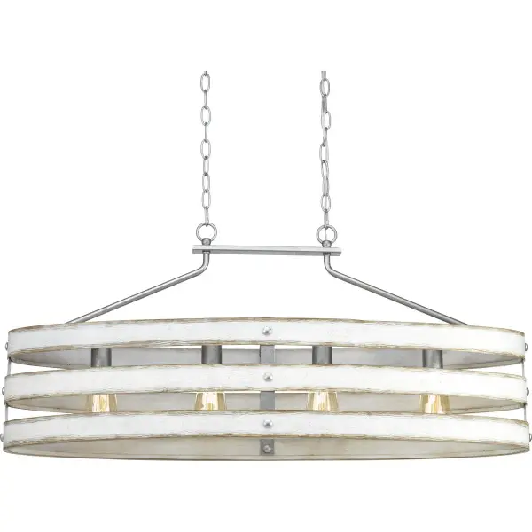 The Gulliver linear chandelier brings coastal charm with its galvanized metal finish and four-light design. Perfect for dining rooms and kitchen islands, this fixture combines rustic appeal with modern linear form.