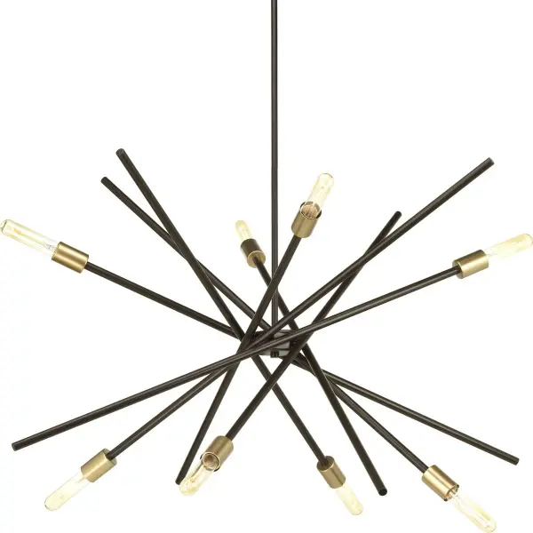 The Astra Collection chandelier delivers authentic mid-century modern design with eight lights providing exceptional illumination. Its brushed nickel finish and clean geometric lines make it versatile for both residential and commercial spaces. - alternate view