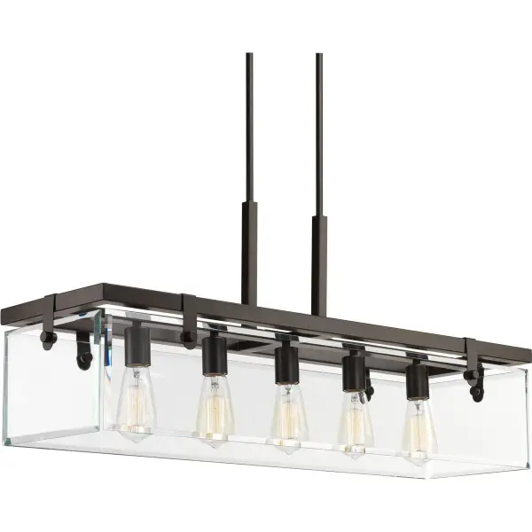 The Glayse linear chandelier combines contemporary styling with timeless clear glass shades and brushed nickel finish. Five lights provide ample illumination for dining and kitchen spaces while the linear form creates visual balance. - alternate view