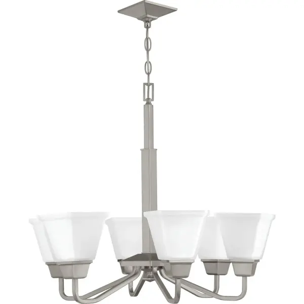 The Clifton Heights chandelier blends modern farmhouse charm with craftsman details, featuring six lights with etched glass shades and a brushed nickel finish. Perfect for dining rooms and kitchens seeking warm, diffused lighting.