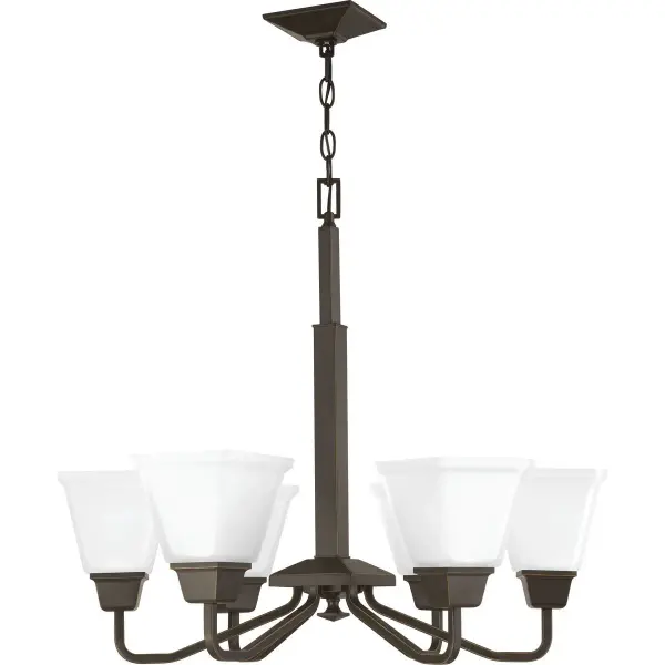 The Clifton Heights chandelier blends modern farmhouse charm with craftsman details, featuring six lights with etched glass shades and a brushed nickel finish. Perfect for dining rooms and kitchens seeking warm, diffused lighting. - alternate view