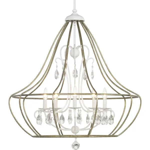 The Fleurette chandelier brings cottage charm to any space with its Cottage White finish and five-light design. Perfect for farmhouse and French country interiors, this fixture combines traditional elegance with versatile styling.