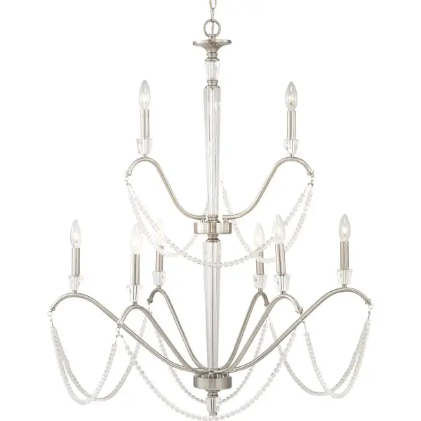 The Stratham Collection chandelier brings sophisticated illumination with nine lights in a refined brushed nickel finish. Perfect for dining rooms and large spaces requiring substantial lighting and visual impact.