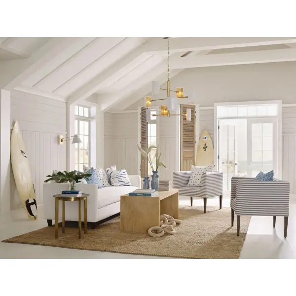 The Point Dume Wandermere brings sophisticated mid-century design with eight lights that create dramatic illumination. Its brushed brass finish adds warmth while maintaining a clean, modern aesthetic perfect for both residential and hospitality spaces. - alternate view